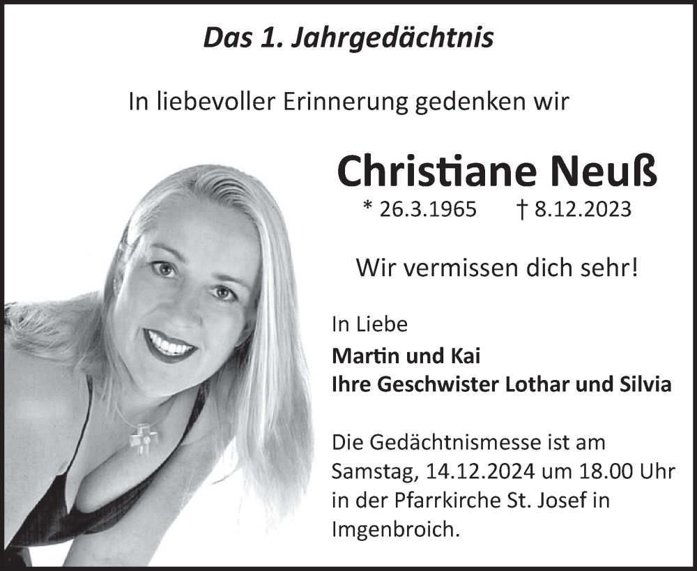  Traueranzeige für Christiane Neuß vom 04.12.2024 aus WochenSpiegel
