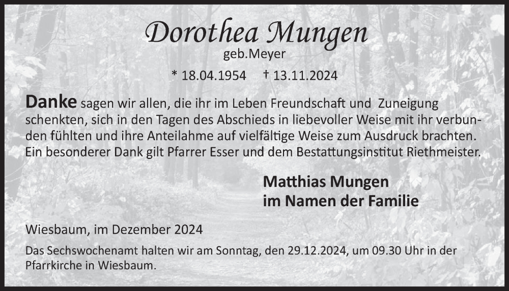  Traueranzeige für Dorothea Mungen vom 21.12.2024 aus WochenSpiegel