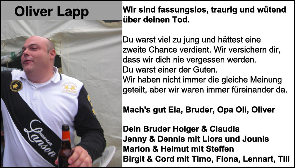  Traueranzeige für Oliver Lapp vom 04.12.2024 aus WochenSpiegel