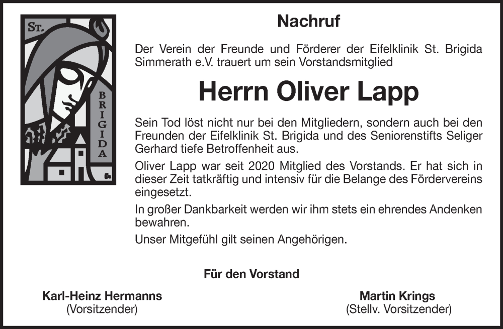  Traueranzeige für Oliver Lapp vom 04.12.2024 aus WochenSpiegel