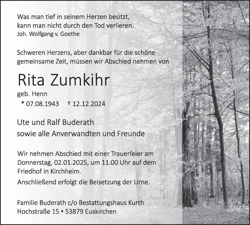  Traueranzeige für Rita Zumkihr vom 25.12.2024 aus WochenSpiegel