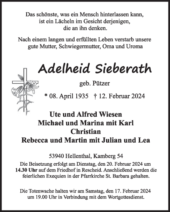 Traueranzeige von Adelheid Sieberath von WochenSpiegel