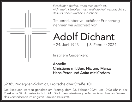 Traueranzeige von Adolf Dichant von WochenSpiegel