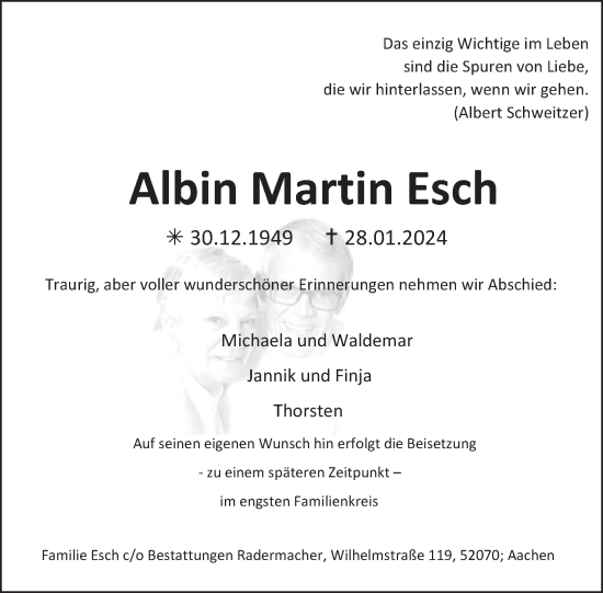 Traueranzeige von Albin Martin Esch von WochenSpiegel