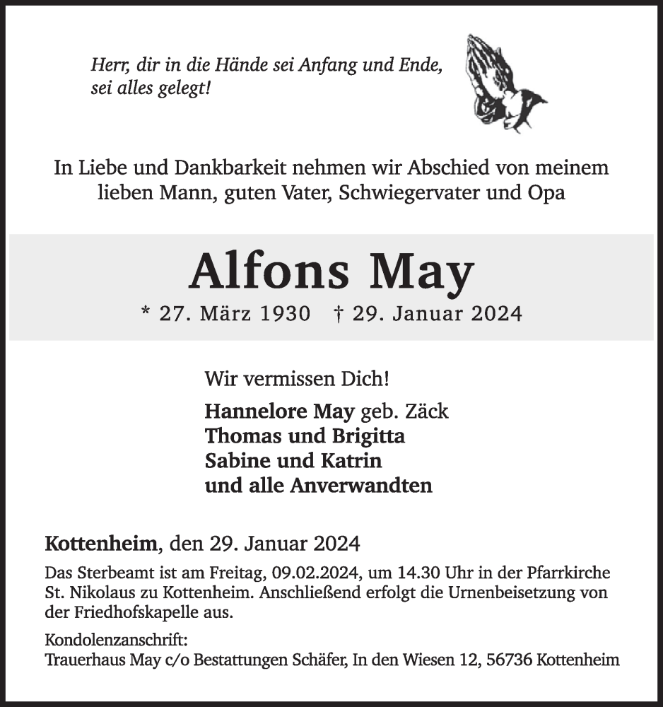  Traueranzeige für Alfons May vom 07.02.2024 aus WochenSpiegel