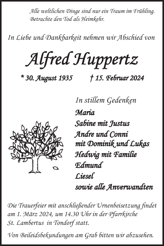 Traueranzeige von Alfred Huppertz von WochenSpiegel