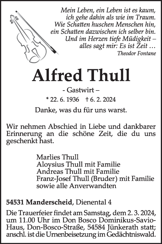 Traueranzeige von Alfred Thull von WochenSpiegel