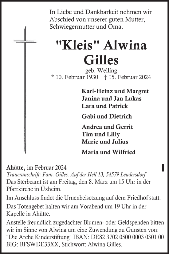 Traueranzeige von Alwina Gilles von WochenSpiegel