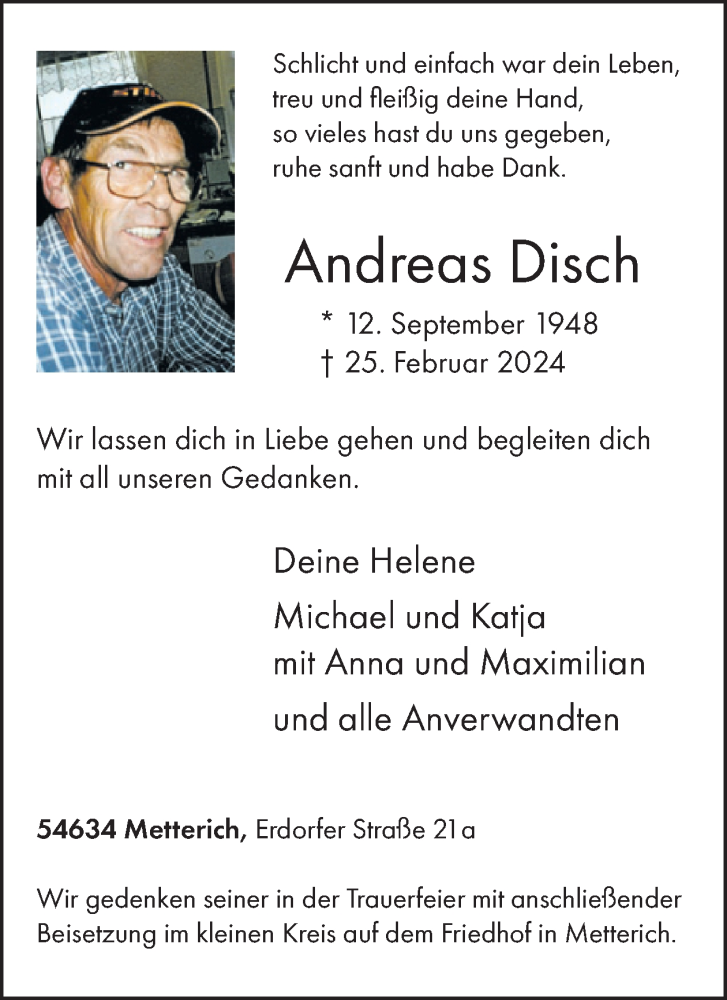  Traueranzeige für Andreas Disch vom 01.03.2024 aus WochenSpiegel
