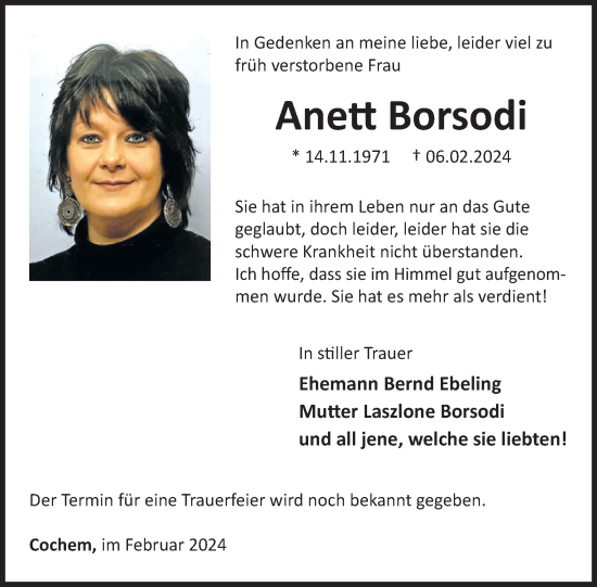 Traueranzeige von Anett Borsodi von WochenSpiegel