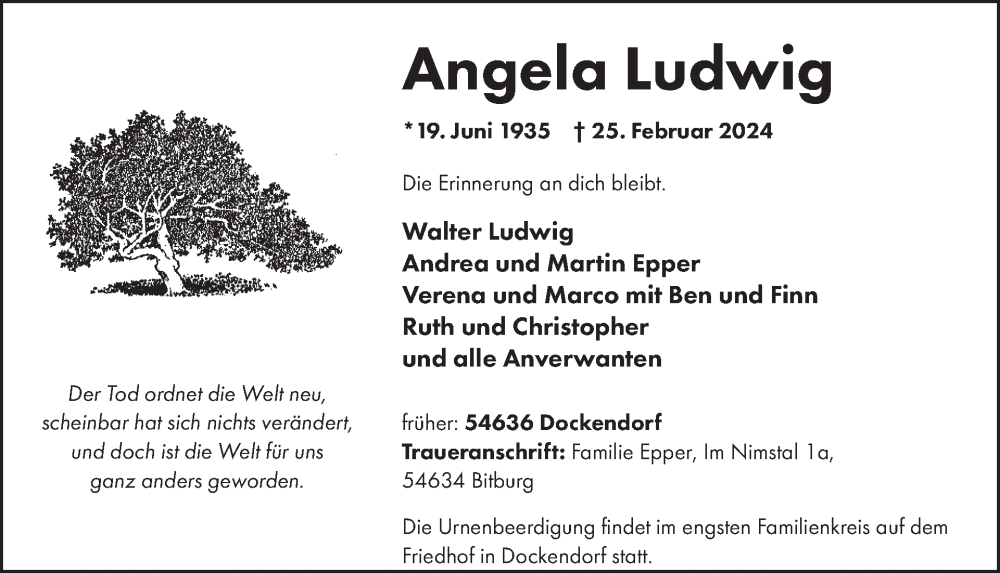  Traueranzeige für Angela Ludwig vom 01.03.2024 aus WochenSpiegel