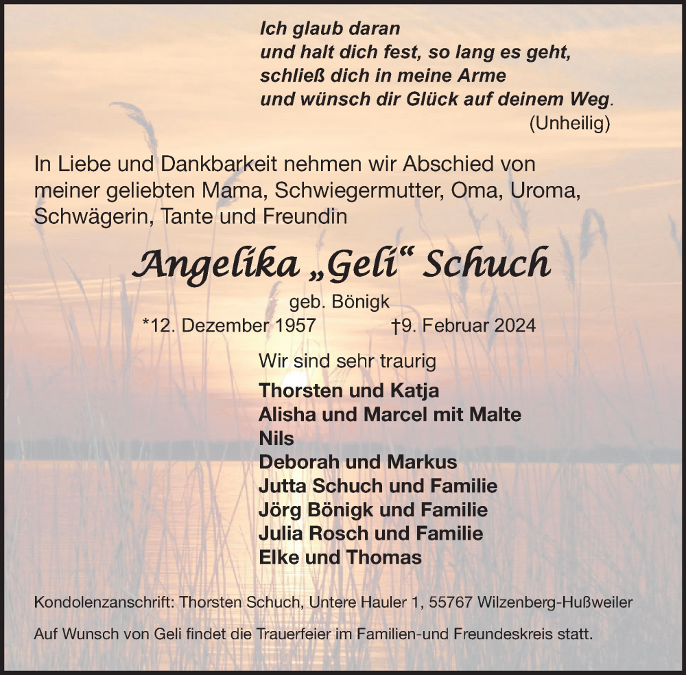  Traueranzeige für Angelika Schuch vom 24.02.2024 aus WochenSpiegel