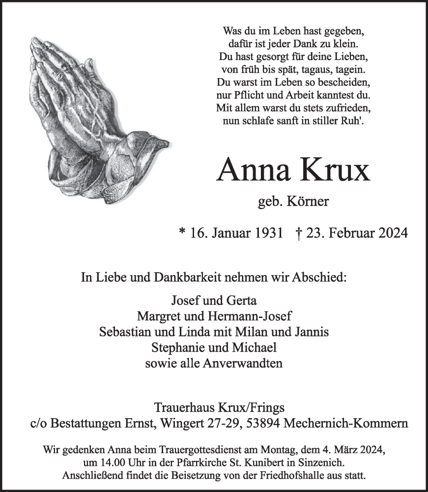  Traueranzeige für Anna Krux vom 28.02.2024 aus WochenSpiegel