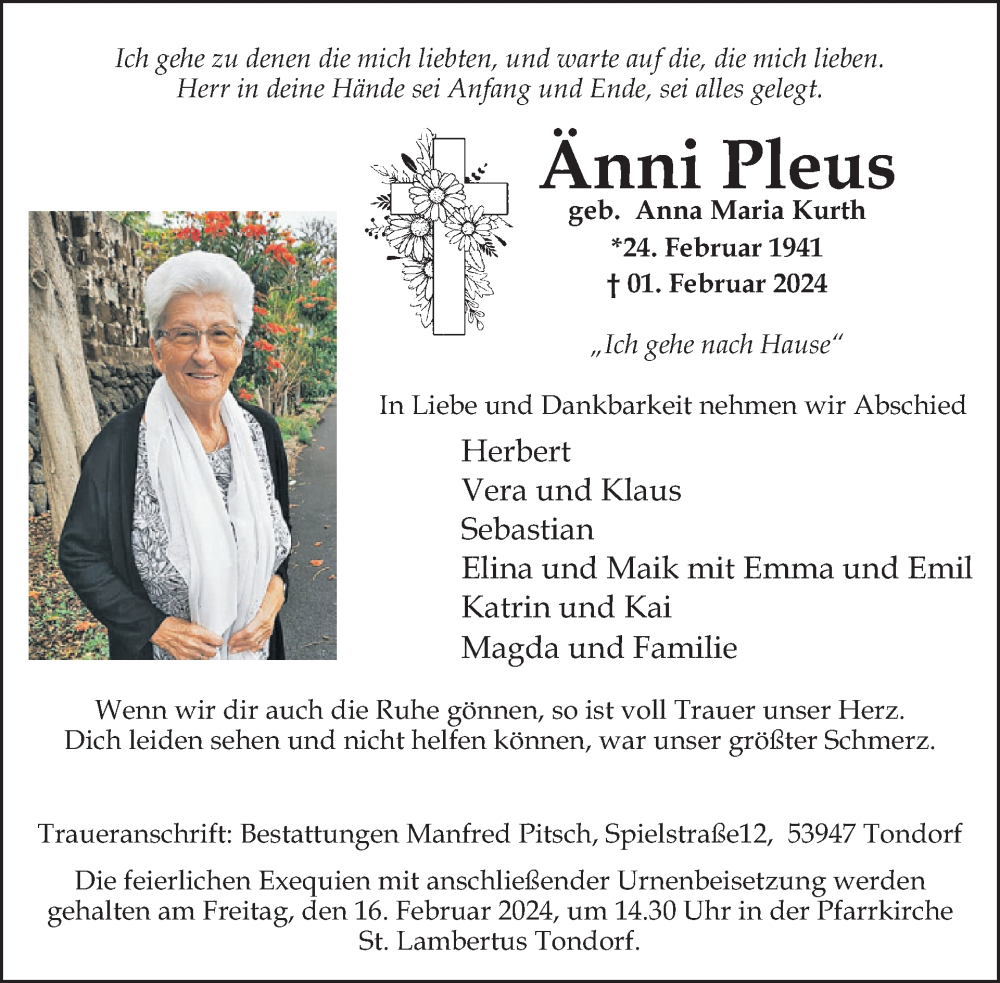  Traueranzeige für Anna Maria Pleus vom 07.02.2024 aus WochenSpiegel