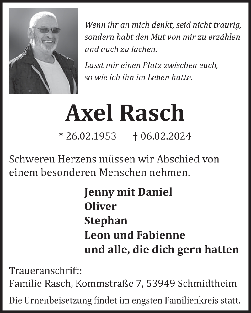  Traueranzeige für Axel Rasch vom 21.02.2024 aus WochenSpiegel