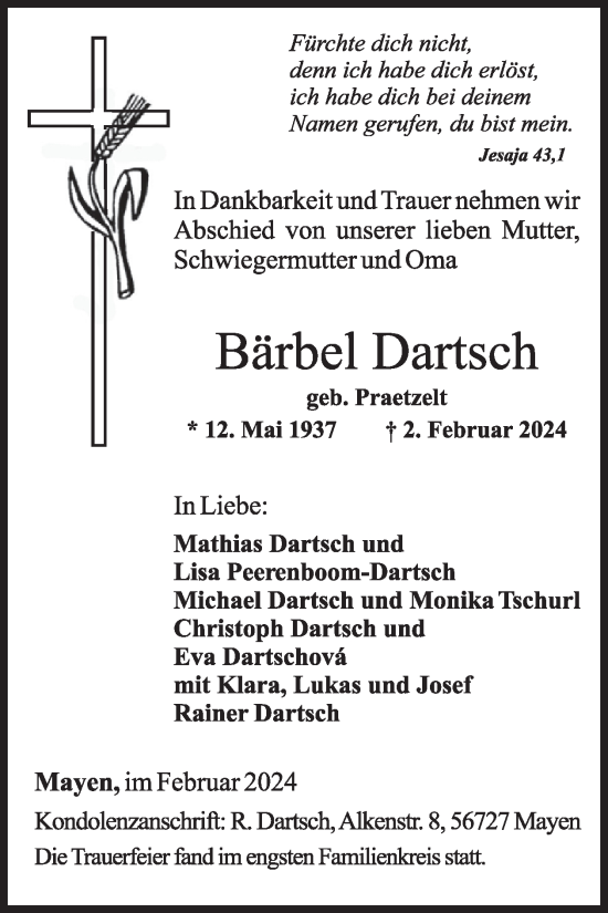 Traueranzeige von Bärbel Dartsch von WochenSpiegel
