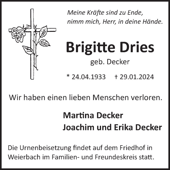 Traueranzeige von Brigitte Dries von WochenSpiegel