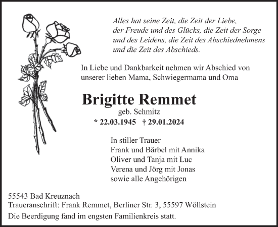 Traueranzeige von Brigitte Remmet von WochenSpiegel