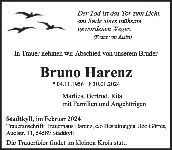 Traueranzeige von Bruno Harenz von WochenSpiegel