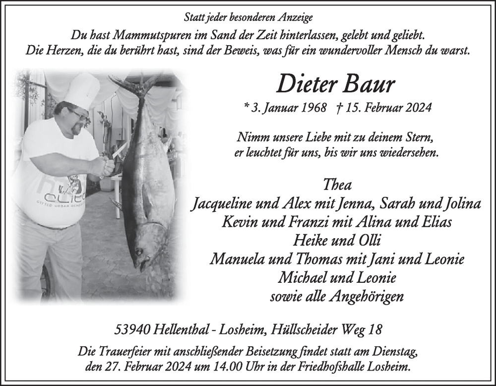  Traueranzeige für Dieter Baur vom 21.02.2024 aus WochenSpiegel