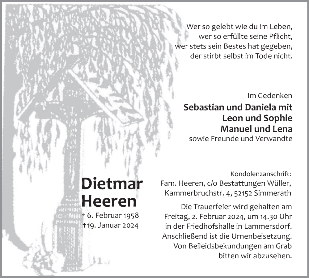  Traueranzeige für Dietmar Heeren vom 24.01.2024 aus WochenSpiegel