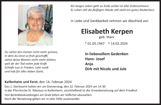 Traueranzeige von Elisabeth Kerpen von WochenSpiegel