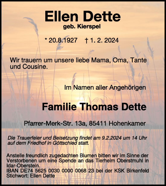 Traueranzeige von Ellen Dette von WochenSpiegel