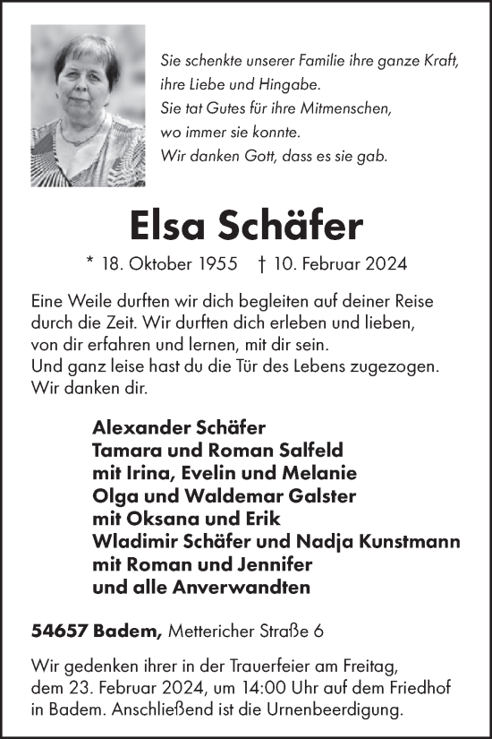Traueranzeige von Elsa Schäfer von WochenSpiegel