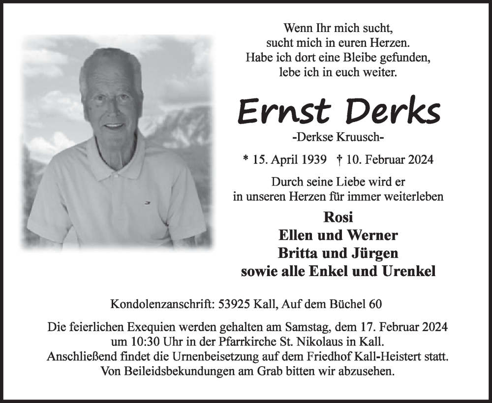  Traueranzeige für Ernst Derks vom 14.02.2024 aus WochenSpiegel