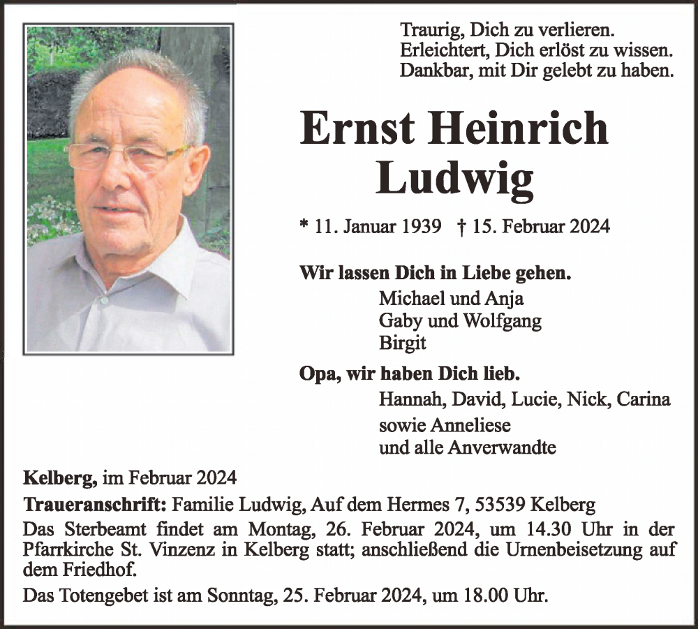  Traueranzeige für Ernst Heinrich Ludwig vom 24.02.2024 aus WochenSpiegel