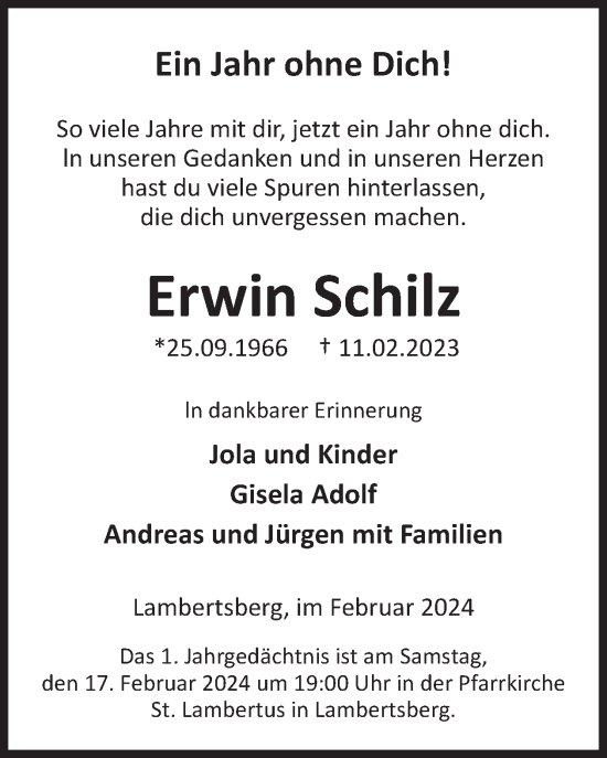 Traueranzeige von Erwin Schilz von WochenSpiegel