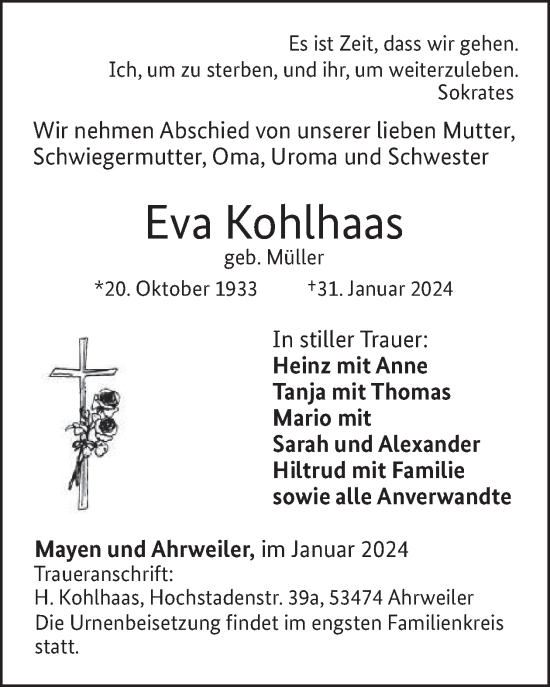 Traueranzeige von Eva Kohlhaas von WochenSpiegel
