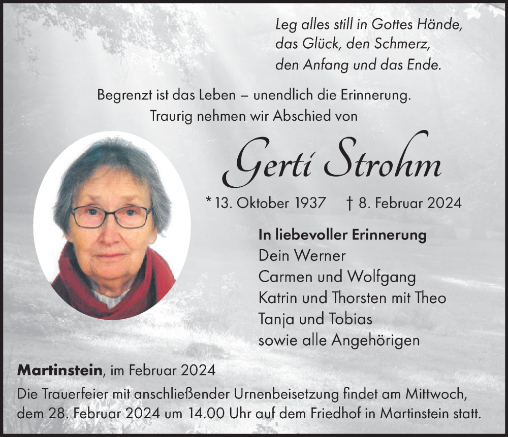  Traueranzeige für Gerti Strohm vom 24.02.2024 aus WochenSpiegel