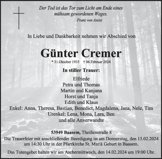 Traueranzeige von Günter Cremer von WochenSpiegel
