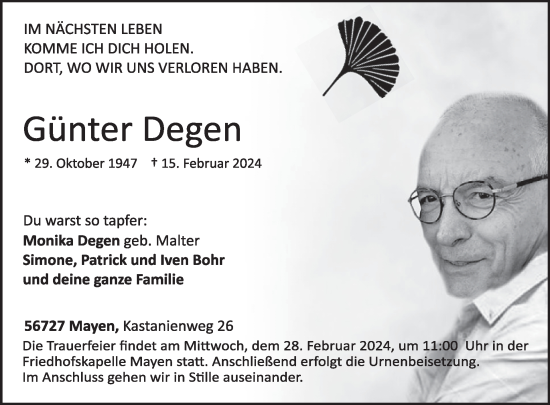 Traueranzeige von Günter Degen von WochenSpiegel