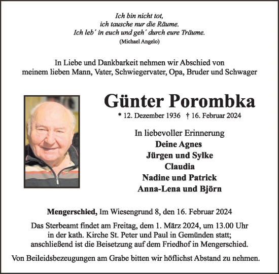 Traueranzeige von Günter Porombka von WochenSpiegel