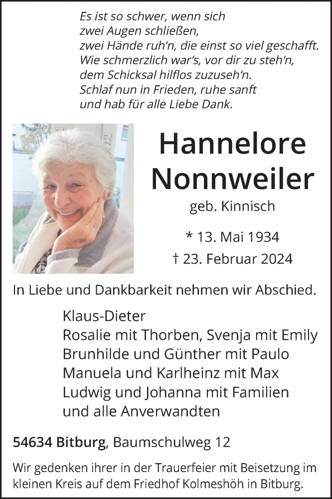  Traueranzeige für Hannelore Nonnweiler vom 01.03.2024 aus WochenSpiegel