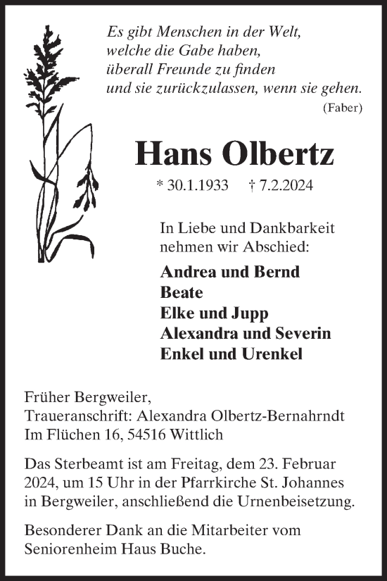 Traueranzeige von Hans Olbertz von WochenSpiegel