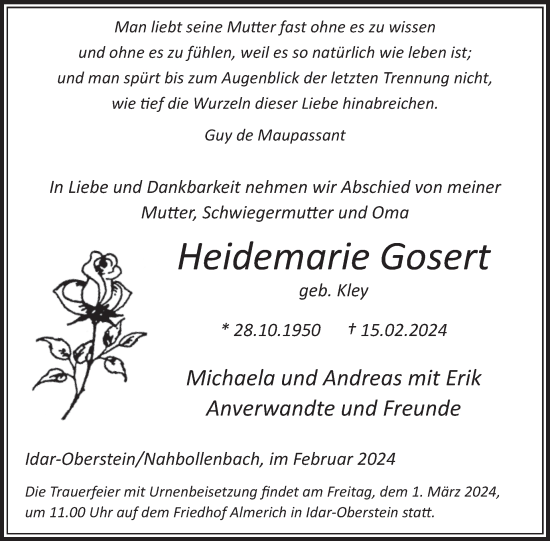 Traueranzeige von Heidemarie Gosert von WochenSpiegel
