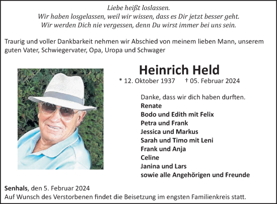 Traueranzeige von Heinrich Held von WochenSpiegel