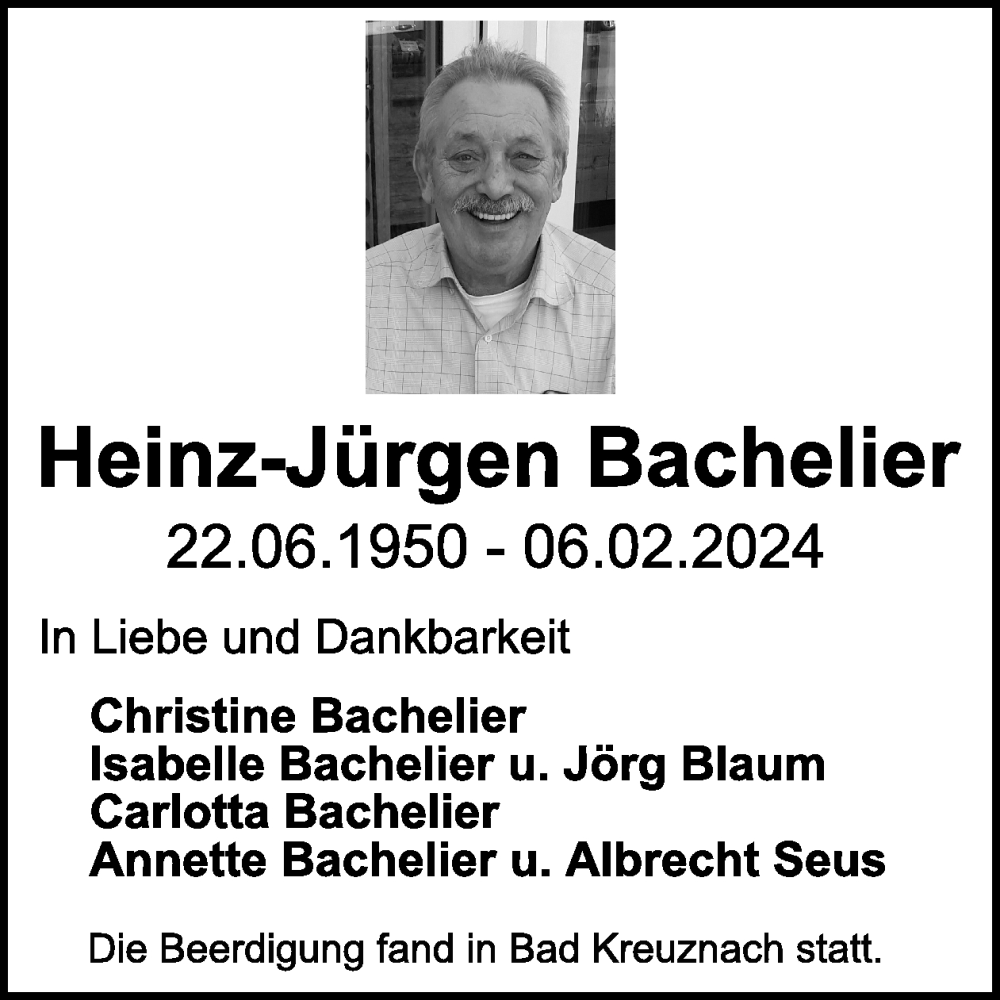  Traueranzeige für Heinz-Jürgen Bachelier vom 17.02.2024 aus WochenSpiegel
