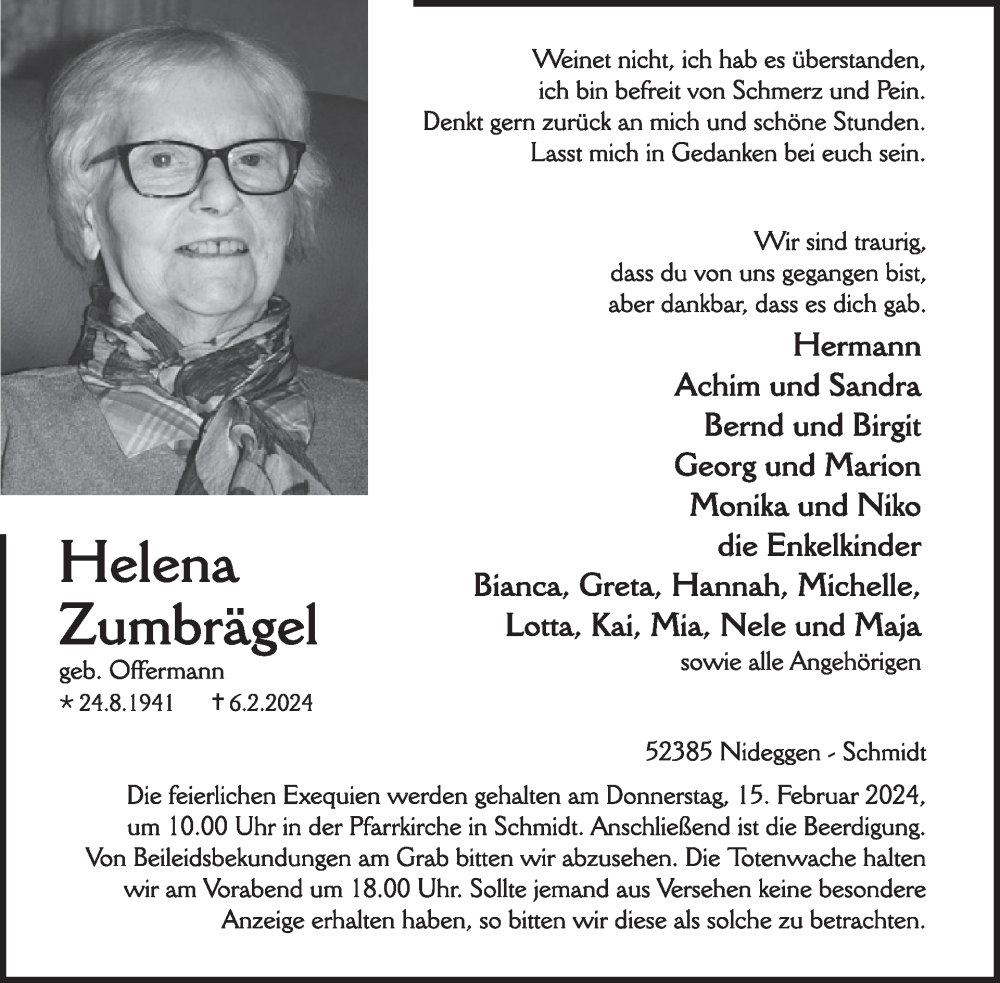  Traueranzeige für Helena Zumbrägel vom 14.02.2024 aus WochenSpiegel