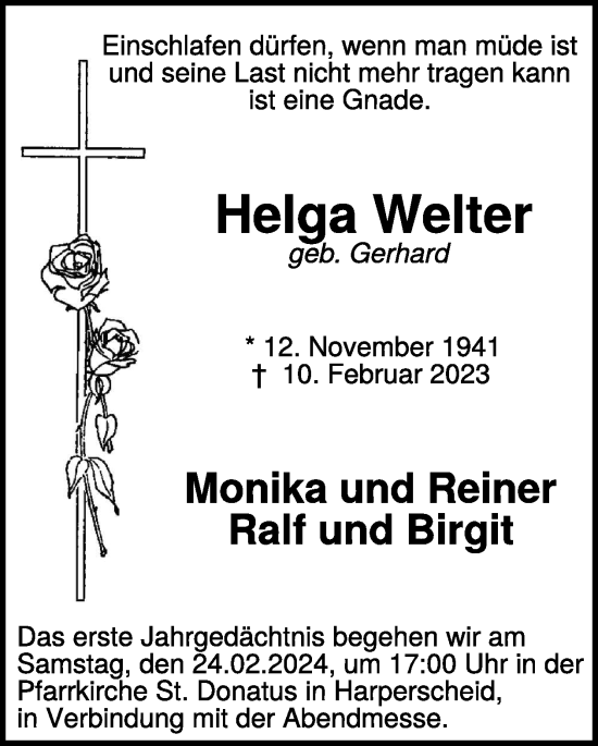Traueranzeige von Helga Welter von WochenSpiegel