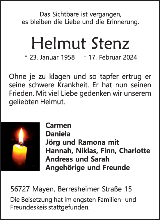 Traueranzeige von Helmut Stenz von WochenSpiegel