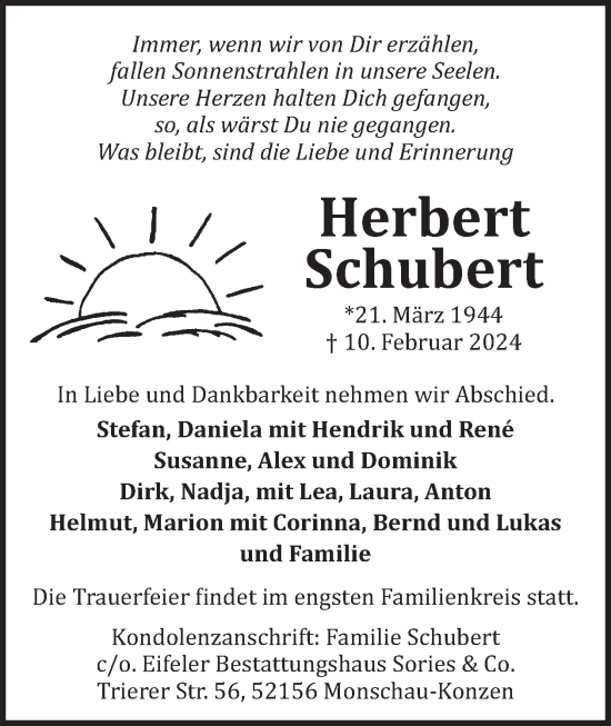 Traueranzeige von Herbert Schubert von WochenSpiegel
