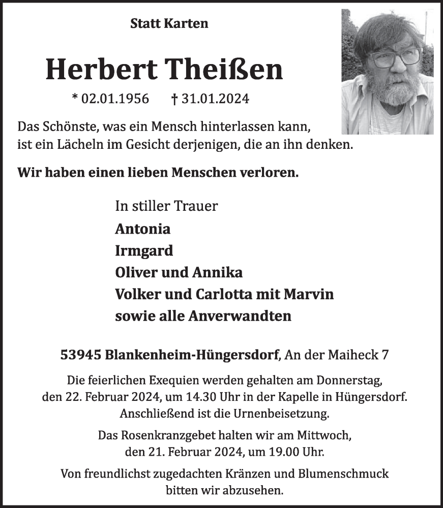  Traueranzeige für Herbert Theißen vom 14.02.2024 aus WochenSpiegel