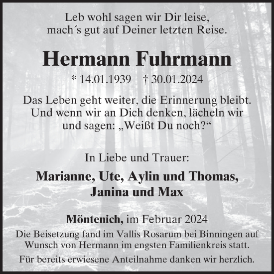 Traueranzeige von Hermann Fuhrmann von WochenSpiegel