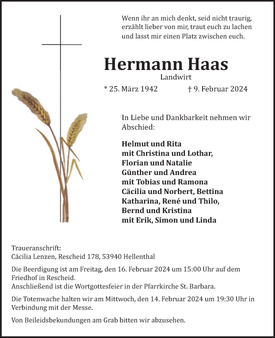 Traueranzeige von Hermann Haas von WochenSpiegel