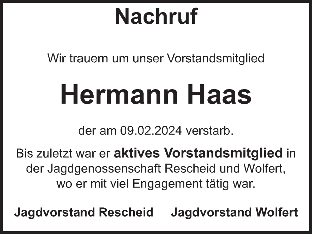  Traueranzeige für Hermann Haas vom 21.02.2024 aus WochenSpiegel