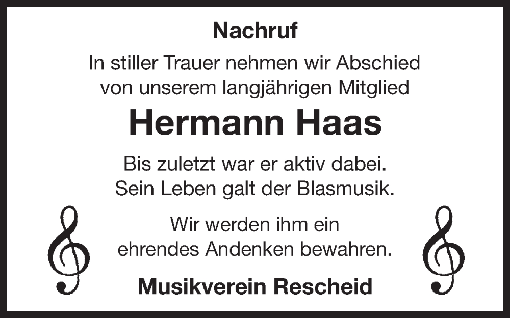  Traueranzeige für Hermann Haas vom 14.02.2024 aus WochenSpiegel